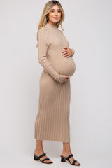 Beige Ribbed Turtle Neck Maternity Midi Dress