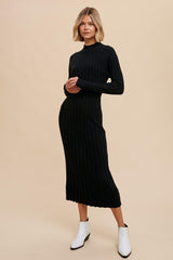 Black Ribbed Turtle Neck Midi Dress