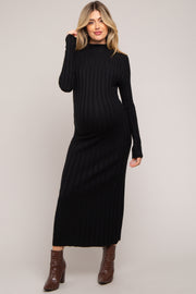 Black Ribbed Turtle Neck Maternity Midi Dress