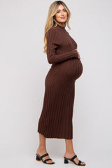 Brown Ribbed Turtle Neck Maternity Midi Dress