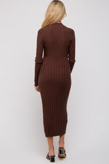 Brown Ribbed Turtle Neck Maternity Midi Dress