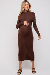 Brown Ribbed Turtle Neck Maternity Midi Dress