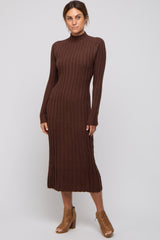 Brown Ribbed Turtle Neck Midi Dress