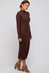 Brown Ribbed Turtle Neck Midi Dress