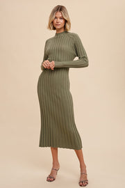 Olive Ribbed Turtle Neck Midi Dress