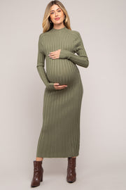 Olive Ribbed Turtle Neck Maternity Midi Dress