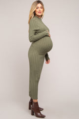 Olive Ribbed Turtle Neck Maternity Midi Dress