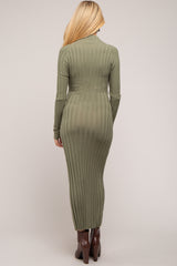 Olive Ribbed Turtle Neck Maternity Midi Dress