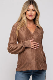 Mocha Wavy Pleated Button Up Maternity Blouse