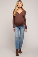 Brown Ribbed Lace V-Neck Maternity Top