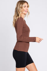 Brown Ribbed Lace V-Neck Top