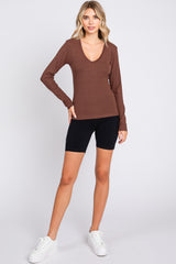 Brown Ribbed Lace V-Neck Top