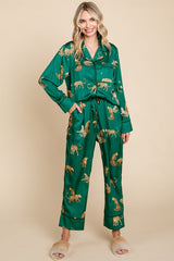 Forest Green Satin Animal Print Maternity Pajama Set