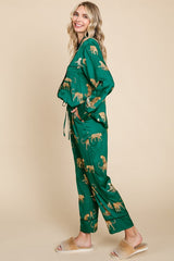 Forest Green Satin Animal Print Pajama Set