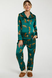 Forest Green Satin Animal Print Maternity Pajama Set