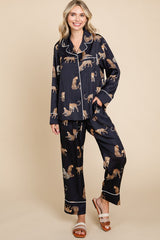 Black Satin Animal Print Maternity Pajama Set