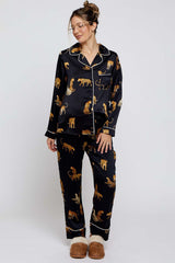 Black Satin Animal Print Maternity Pajama Set