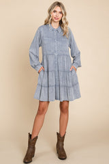 Blue Button Down Tiered Long Sleeve Maternity Dress