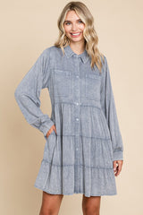 Blue Button Down Tiered Long Sleeve Dress