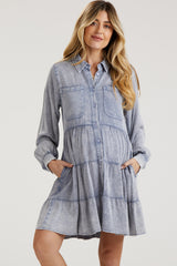 Blue Button Down Tiered Long Sleeve Maternity Dress