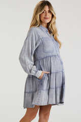 Blue Button Down Tiered Long Sleeve Maternity Dress