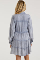 Blue Button Down Tiered Long Sleeve Maternity Dress