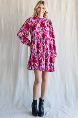 Magenta Floral Ruffle Mock Neck Dress