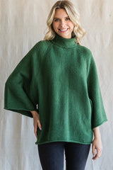 Forest Green Brushed Turtleneck Wide 3/4 Sleeve Sweater