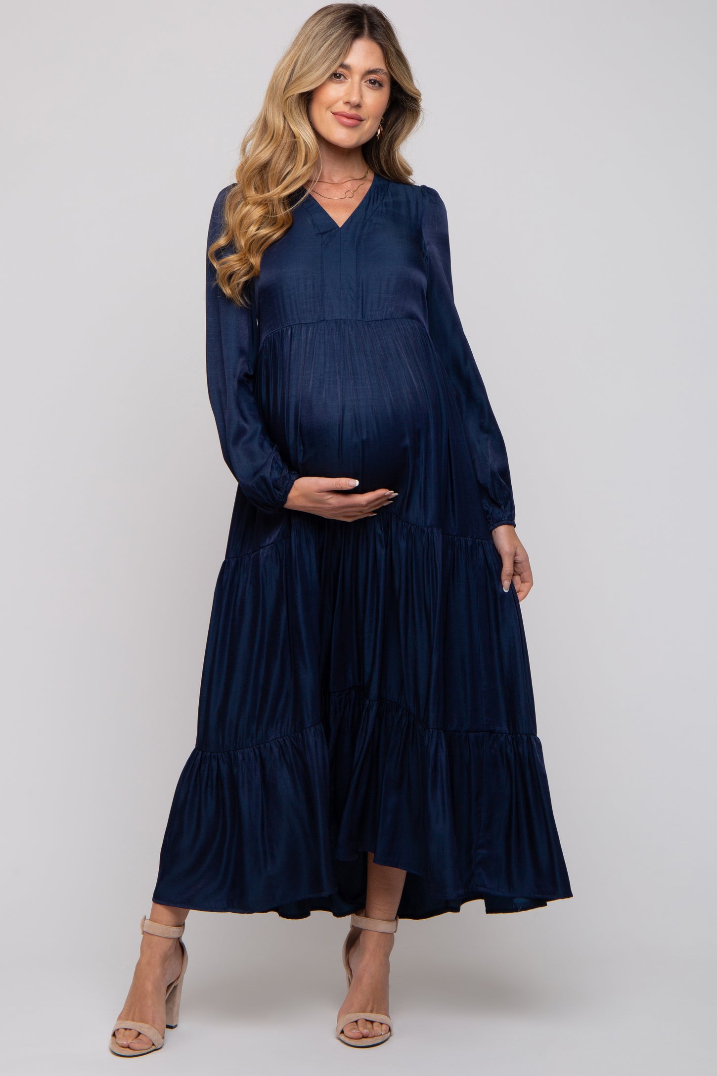 Navy Blue Satin Tiered Maternity Midi Dress – PinkBlush