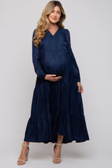 Navy Blue Satin Tiered Maternity Midi Dress