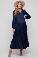 Navy Blue Satin Tiered Maternity Midi Dress