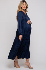 Navy Blue Satin Tiered Maternity Midi Dress