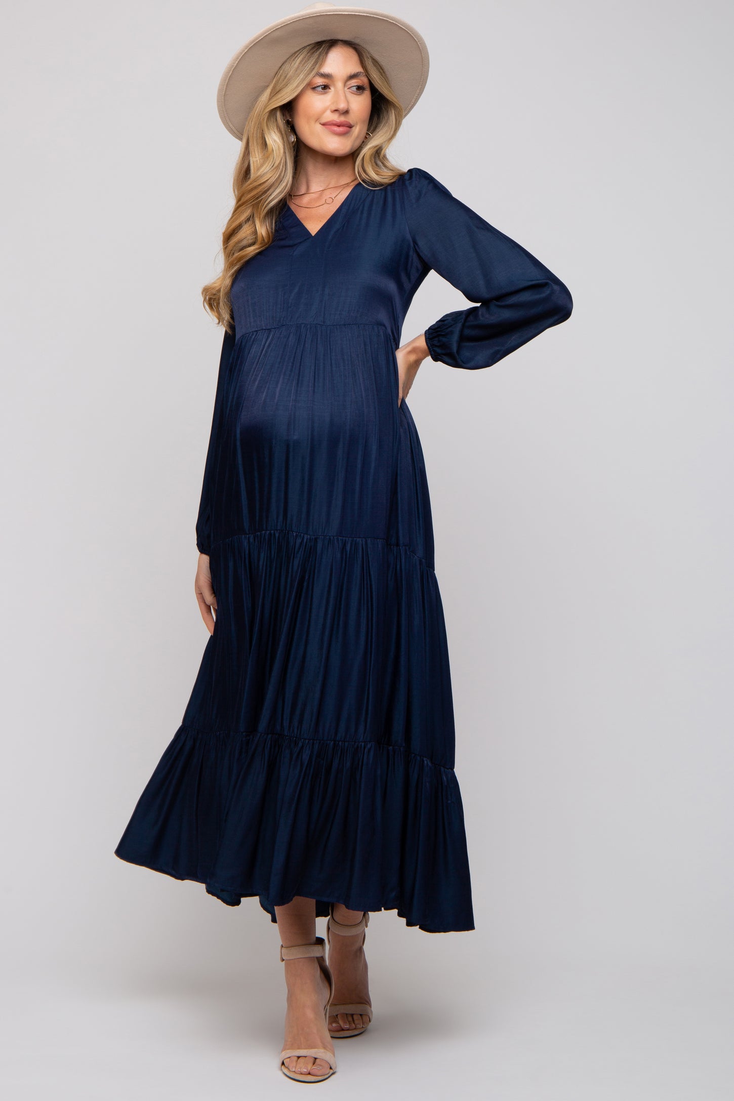 Navy Blue Satin Tiered Maternity Midi Dress – PinkBlush