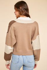 Beige Patchwork Color Block Cable Cardigan