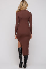 Brown Ribbed Collared Fitted Side Slit Maternity Midi Dress