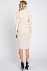 Cream Ribbed Long Sleeve Mock Neck Dress