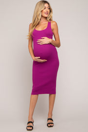 Magenta Fitted Knit Maternity Midi Dress