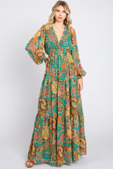 Emerald Floral Deep V-Neck Long Sleeve Maternity Maxi Dress