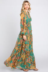 Emerald Floral Deep V-Neck Long Sleeve Maxi Dress