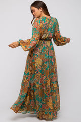 Emerald Floral Deep V-Neck Long Sleeve Maternity Maxi Dress