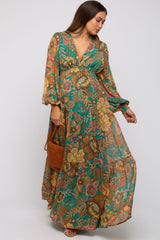 Emerald Floral Deep V-Neck Long Sleeve Maternity Maxi Dress