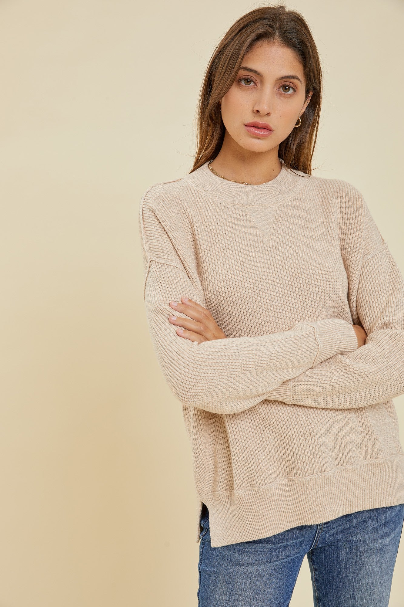 Beige Knit Side Slit Sweater