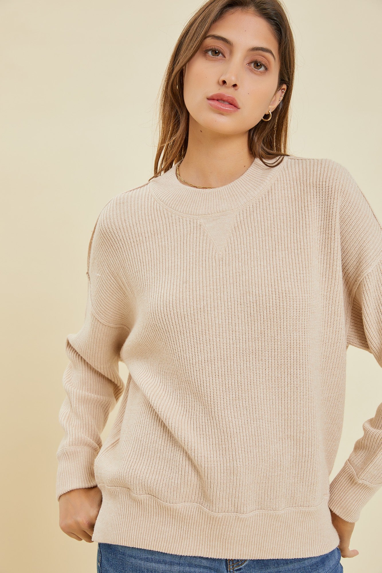 Beige Knit Side Slit Sweater – PinkBlush