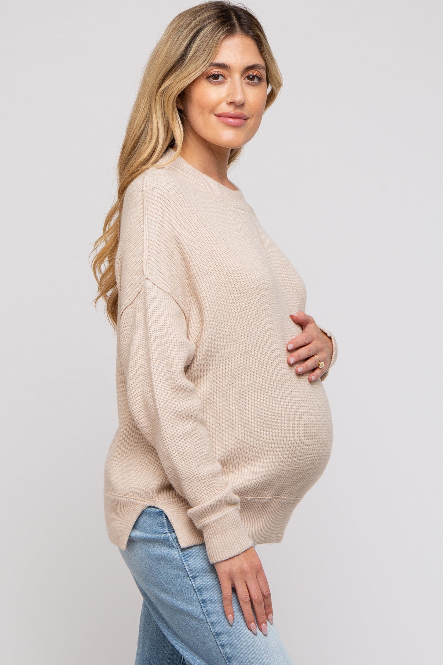 Beige Knit Side Slit Maternity Sweater – PinkBlush