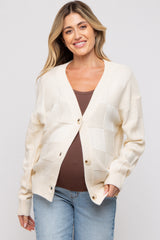 Cream Checkered Knit Button Front Maternity Cardigan