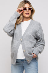 Grey Checkered Knit Button Front Maternity Cardigan