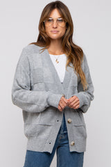 Grey Checkered Knit Button Front Maternity Cardigan