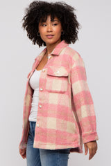 Mauve Plaid Fuzzy Button Up Maternity Jacket