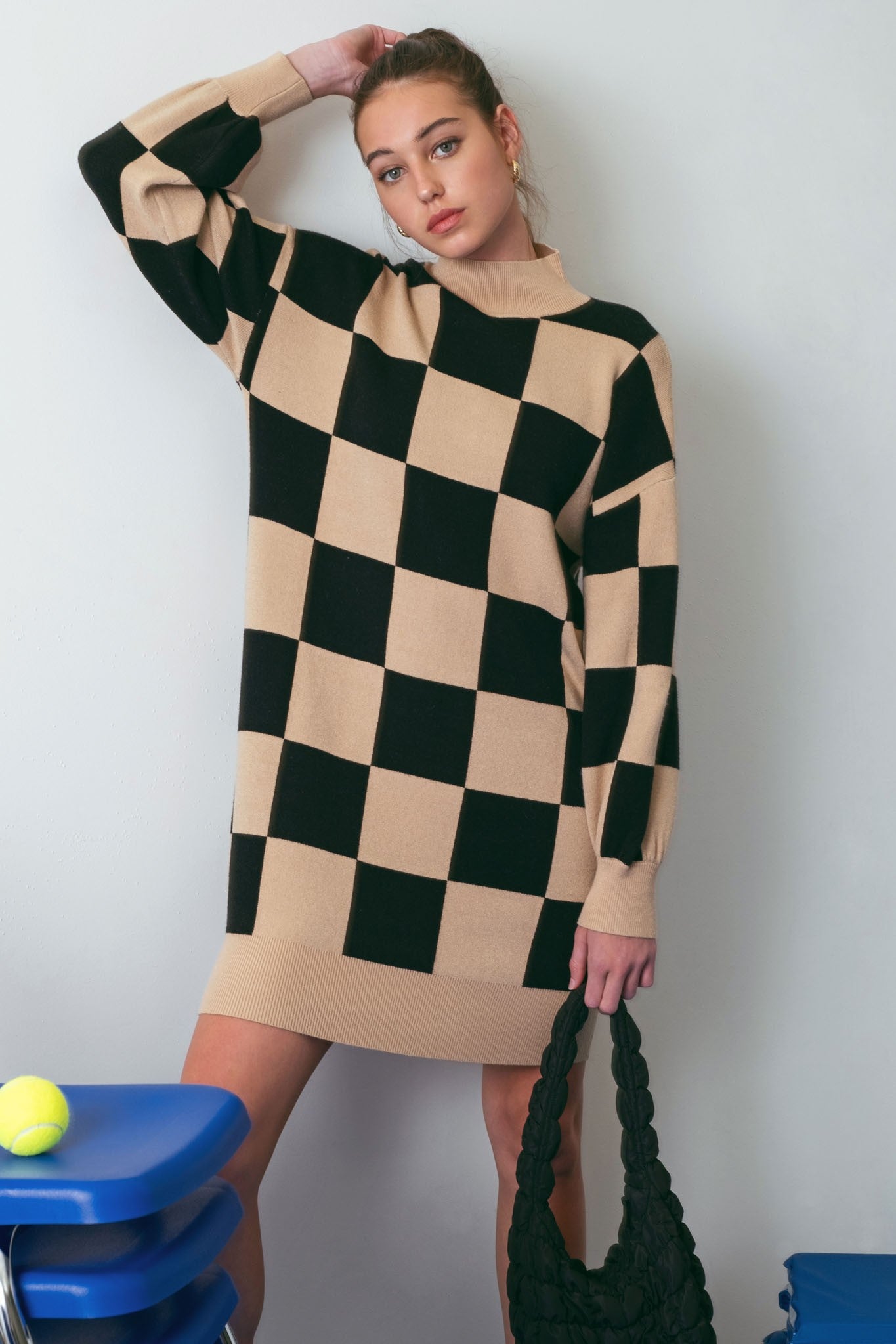 素晴らしい価格 BlG CHECK LACE LACE UP KNlT KNIT DRESS レディース