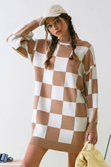 Taupe Checkered Knit Maternity Sweater Dress